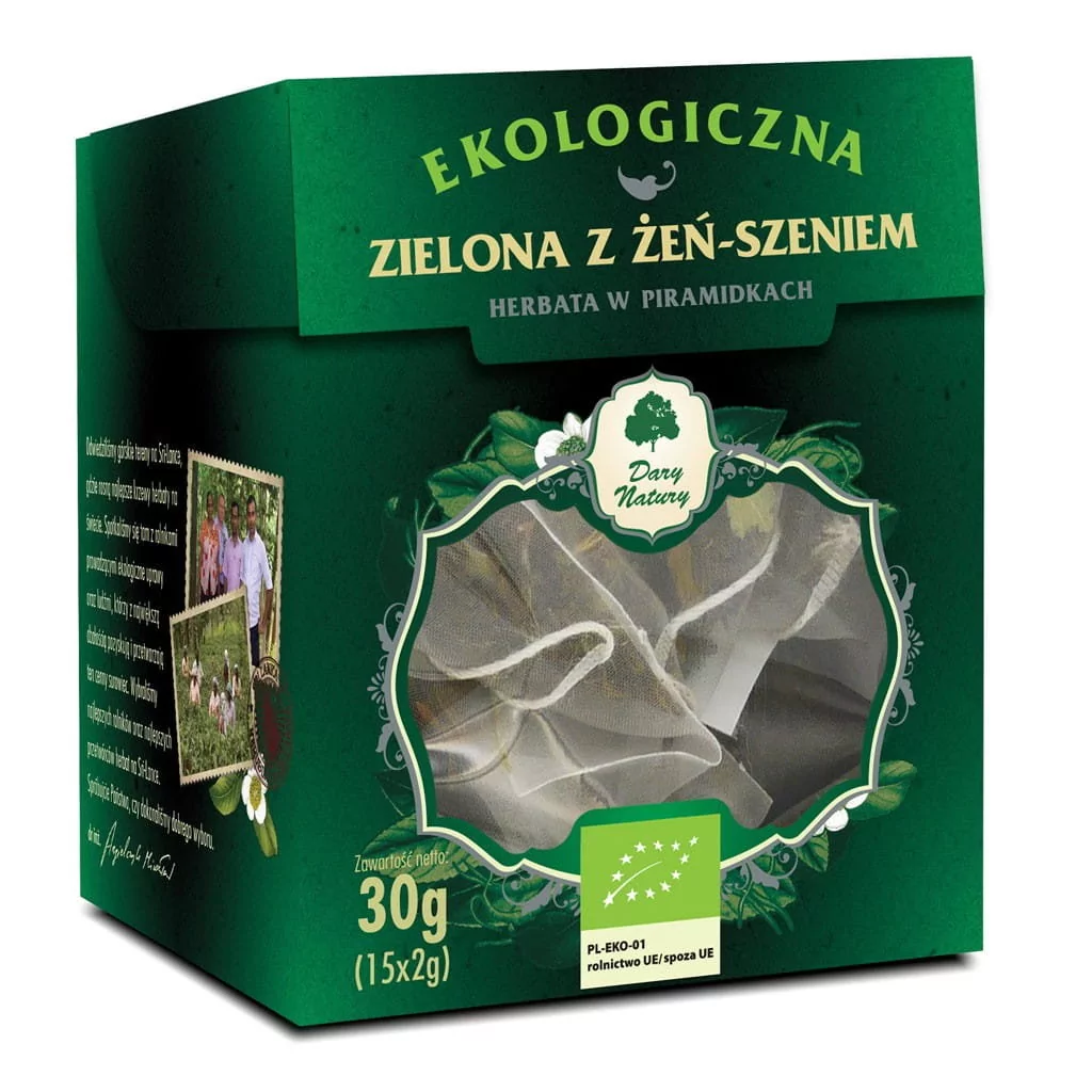 Dary Natury Mirosław Angielczyk, Koryciny 73,17-31 Herbata zielona z ŻEŃ-SZENIEM piramidki BIO (15 x 2 g) 000-96FF-5352B