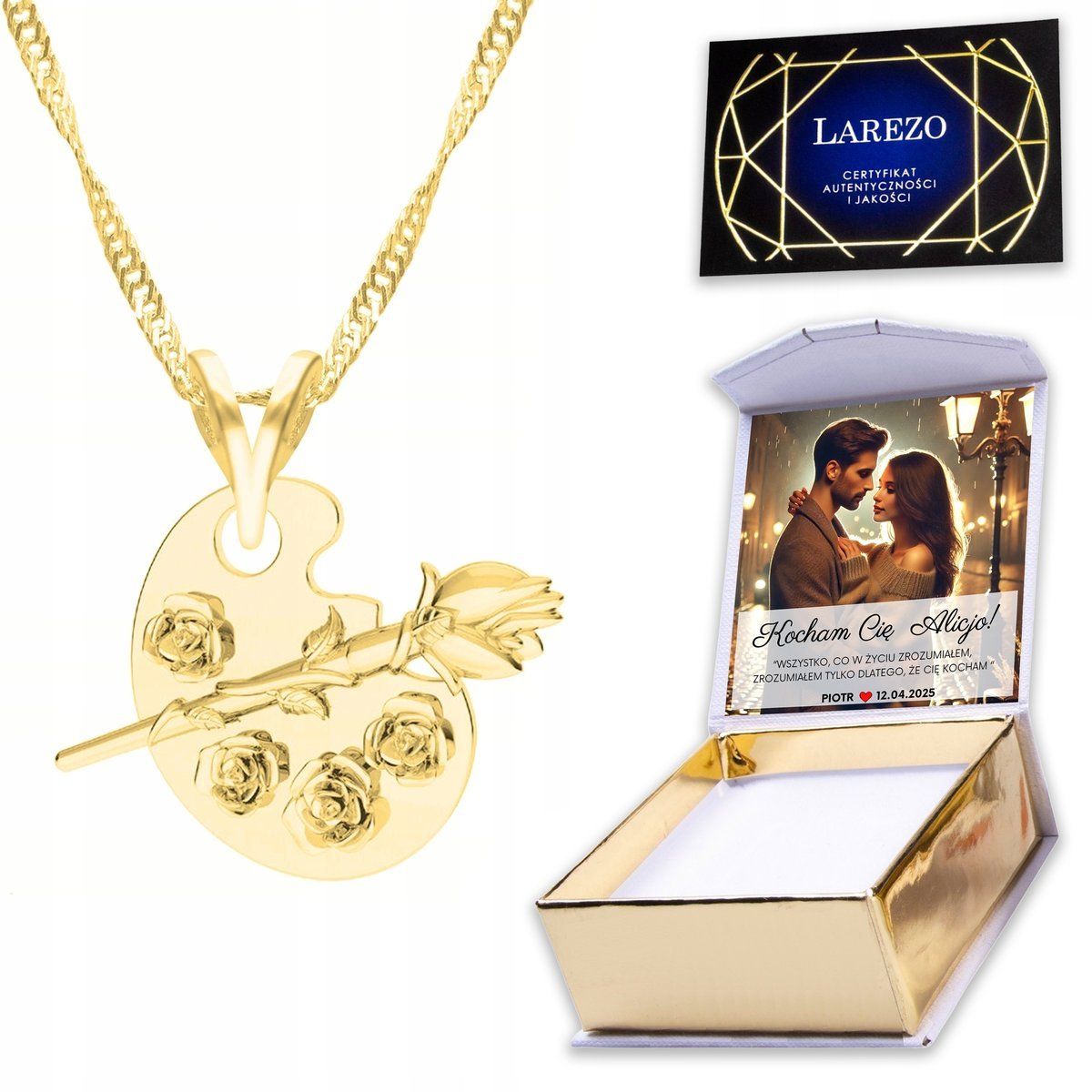 Złoty Naszyjnik 925 z Paletą Frida Khalo Farby Pędzel Kwiat Kwiaty + NADRUK