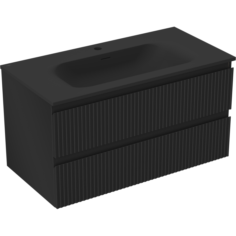 Mexen Rivel szafka łazienkowa 90 cm z umywalką Vela, 2 szuflady, ryflowana , czarna mat - 91A20-09047-2-BFF71-W23M71