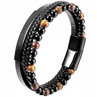 Bransolety męskie - BRANSOLETKA MĘSKA SKÓRZANA POTRÓJNA TYGRYSKIE OKO KORALIKI STAL SZLACHETNA - miniaturka - grafika 1