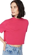 Koszulki i topy damskie - Trendyol Damska koszulka basic z dzianiny o regularnym kroju z kołnierzem stojącym, fuksja, S, fuksja, S - miniaturka - grafika 1