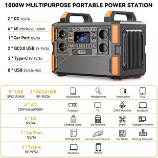 Przenośna Stacja Zasilania Flashfish F132 1048Wh/1000W Generator Solarny, Bateria LiFePo4, Gniazdo AC 230V, 19 Wyjść, Wersja UE - Akumulatory ogólnego zastosowania - miniaturka - grafika 4