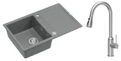 Zlewozmywaki z baterią - Quadron Unique Zlewozmywak granitowy jednokomorowy 78*50*22 cm z ociekaczem MORGAN 111 SILVER STONE z syfonem Push-2-Open w kolorze stalowym z baterią JESSICA Q LINE z wyciąganą wylewką i funkcją prysznica kolor stal szczotkowana - miniaturka - grafika 1
