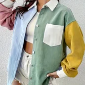 Koszule damskie - TEMU Modna Elegancka Kurtka z Kolorowymi Blokami, Zapinana na Guziki i Łatkowe Detale w Stylu Patchwork – Luźny Kordowy Żakiet dla Każdej Okazji - miniaturka - grafika 1