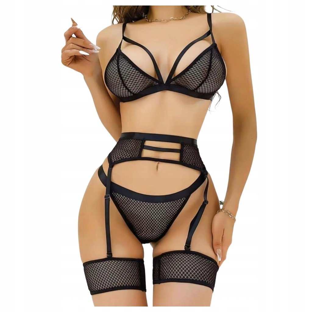 SEKSOWNY KOMPLET BIELIZNY Z SIATECZKI 3 - CZĘŚCIOWY STRAPPY STRINGI S M L