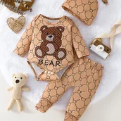 Dresy i komplety dla chłopców - TEMU dla niemowlaka: pajacyk w paski z motywem misia + długie spodnie + czapeczka, idealny na wiosnę i jesień, doskonały do raczkowania i wyjść, na - miniaturka - grafika 1