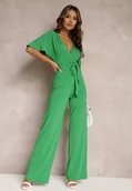 Kombinezony - Zielony Długi Kombinezon z Wiązaniem i Głębokim Kopertowym Dekoltem Sumya - miniaturka - grafika 1