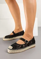 Espadryle damskie - Czarne Płaskie Espadryle Koronkowe z Paskiem Ozdobione Plecionką Tatessa - miniaturka - grafika 1