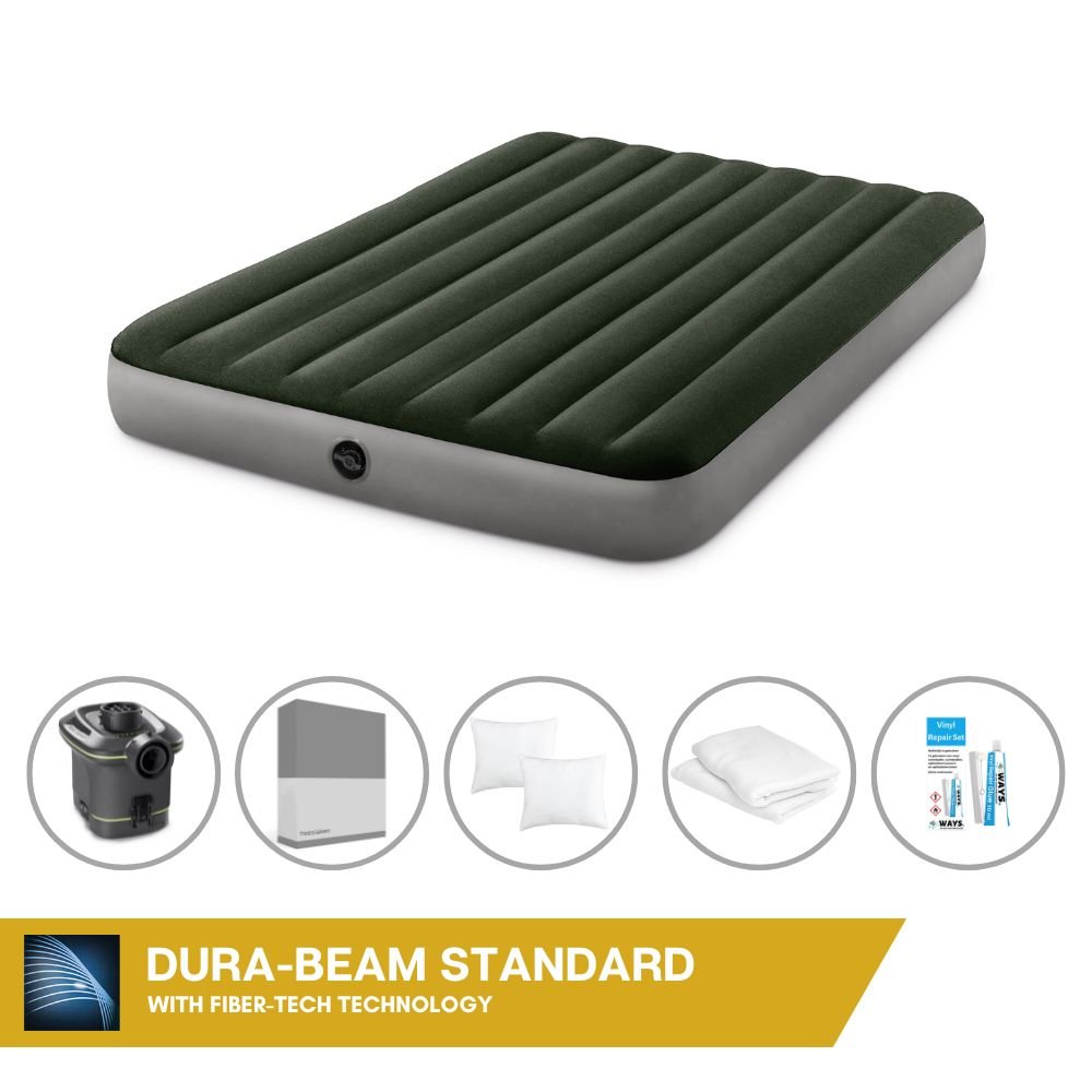 Dmuchane łóżko Intex - 2 osoby - 152 x 203 x 25 cm - Zielony - Z pompką + prześcieradło antracytowe + poduszka + poszewki Molton 2 w 1 + zestaw naprawczy