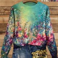 Swetry damskie - TEMU Dzianinowy sweter z 3D nadrukiem Aurora dla kobiet - kolorowy, kwiatowy i gwiaździsty wzór, długi rękaw, okrągły dekolt, swobodny pulower na - miniaturka - grafika 1