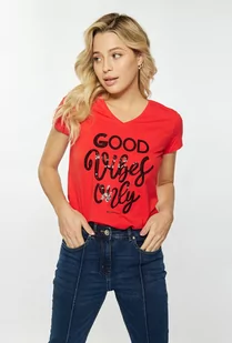 T-shirt z cekinowym napisem - Monnari - Koszulki i topy damskie - miniaturka - grafika 1