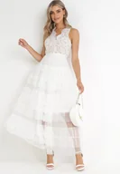 Sukienki - Biała Sukienka Maxi z Tiulowym Dołem i Koronkową Górą Deliva - miniaturka - grafika 1