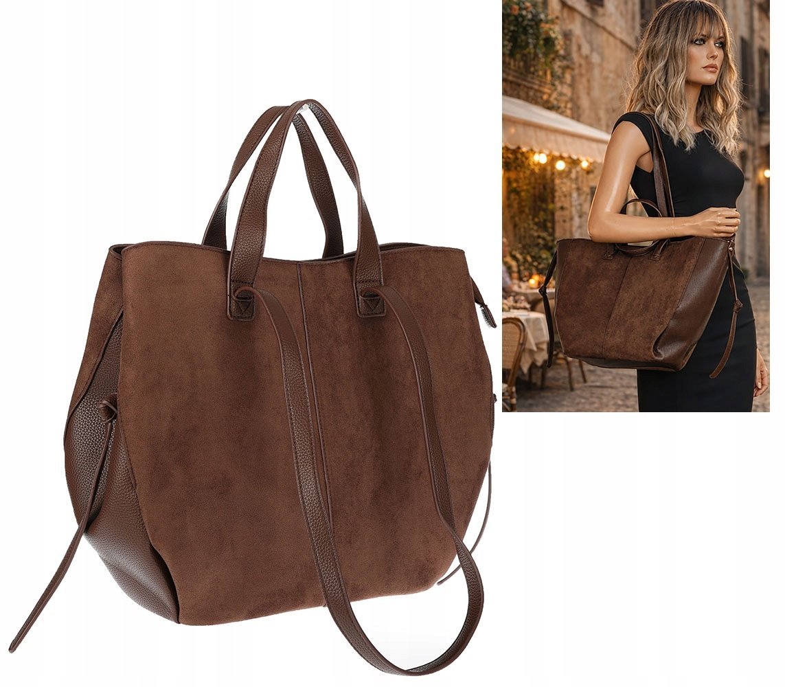 Torebka Damska Shopperka łódka Pojemna Duża Torba zamszowa R961 Czekoladowa