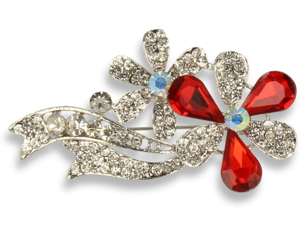 Broszka Damska Srebrna Kwiat Z Czerwonymi Kamieniami