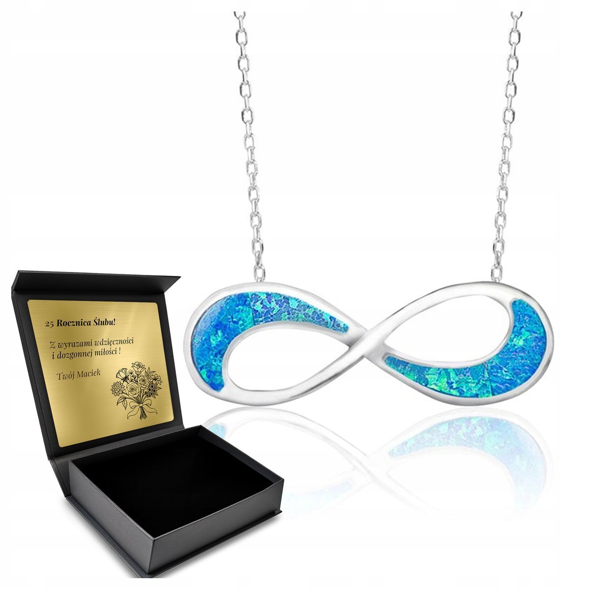 Naszyjnik Srebrny Cyrkonie Nieskończoność Opal Biżuteria Dla Kobiety Grawer