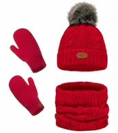 Czapki damskie - KOMPLET ZIMOWY CZAPKA + KOMIN + RĘKAWICZKI DUŻY POMPON Czerwony A1 PREZENT - miniaturka - grafika 1