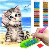 Dekoratorstwo - Haft Diamentowy ARTULIO, Obraz DIY 5D, Diamond Painting, Mozaika diamentowa 40x60cm (Kotek z muszelką + zestaw akcesoriów - miniaturka - grafika 1