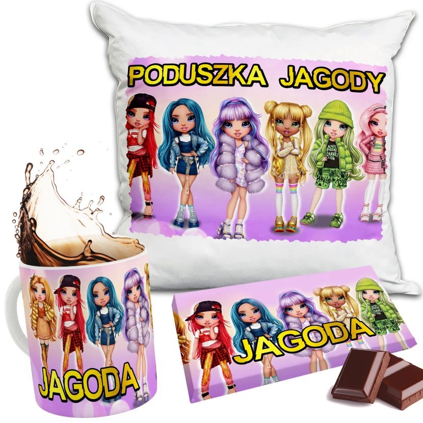 Zestaw RAINBOW HIGH Kubek + Poduszka + Czekolada + Imię Prezent Nadruk