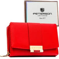 Portfele - Mały portfel damski PETERSON elegancki na zatrzask i suwak rozbudowany na karty ochrona RFID czerwony - miniaturka - grafika 1