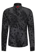 Koszule męskie - HUGO Ermo Slim-Fit męska koszula z płótna z nadrukiem sezonu, Dark Grey28., L - miniaturka - grafika 1