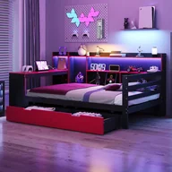 Sofy i kanapy - Sofa rozkładana 90 x 200 cm - ze schowkami - zintegrowanym oświetleniem - gniazdkiem elektrycznym - 2 szuflady - czarno-czerwona (bez materaca) - miniaturka - grafika 1