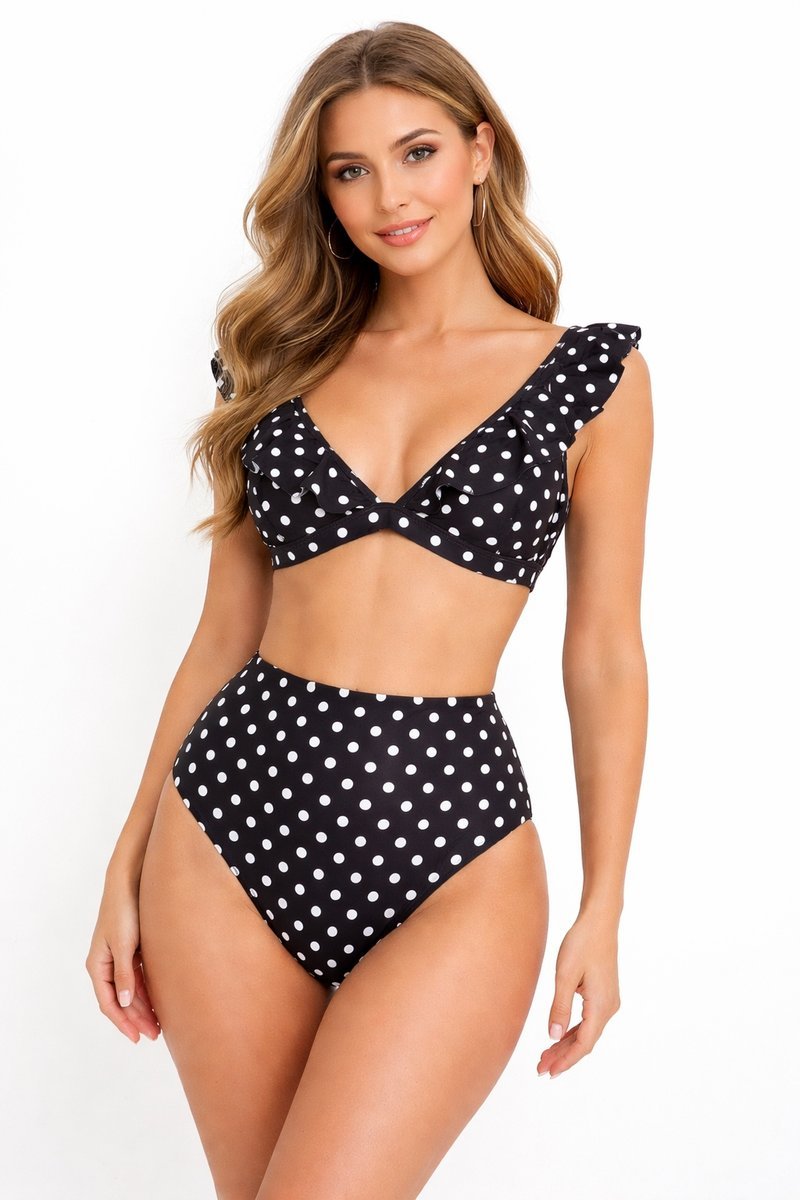 DAMSKI STRÓJ KĄPIELOWY BIKINI CZARNE GROCHY WYSOKI STAN FALBANKI XL