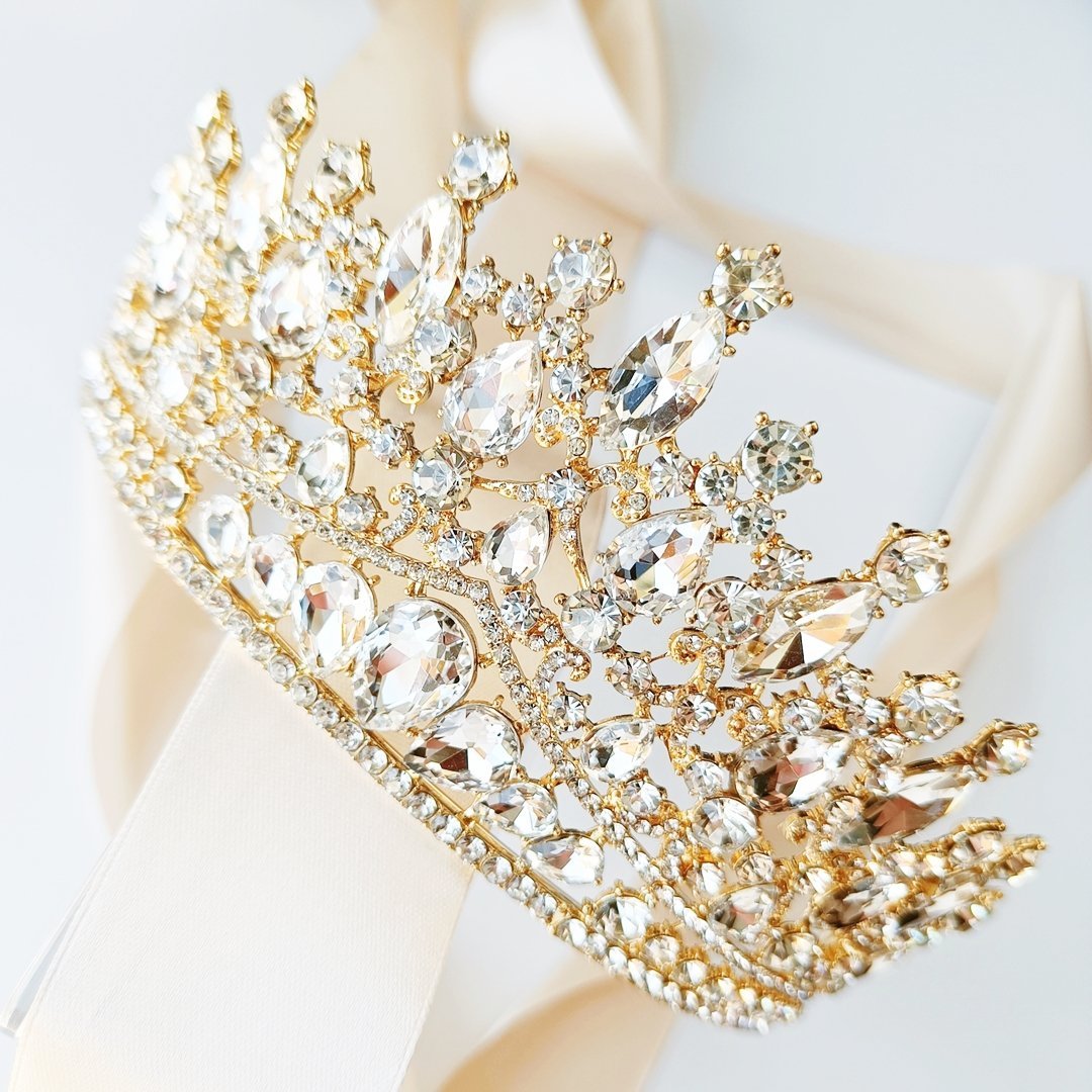 złota duża elegancka korona błyszcząca ŚLUB gala pokaz FASHION ozdoba głowę