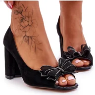 Czółenka - S.Barski Klasyczne Zamszowe Czółenka Z Kokardą Czarne Corey - miniaturka - grafika 1