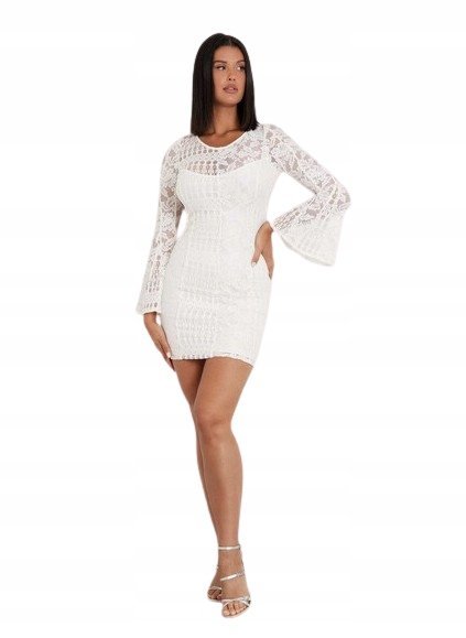 GUESS BIAŁA KORONKOWA SUKIENKA MINI Z ROZKLOSZOWANYM RĘKAWEM 36 1G_A
