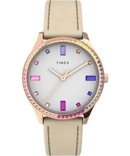 Timex Sukienka damska 32 mm zegarek - brązowy skórzany pasek biała tarcza etui w kolorze różowego złota TW2Y06500, Różowe złoto odcień - Paski - miniaturka - grafika 1
