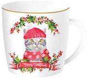 Ozdoby bożonarodzeniowe - KUBEK PORCELANOWY Christmas Cats: Kot w czapce - szary - miniaturka - grafika 1