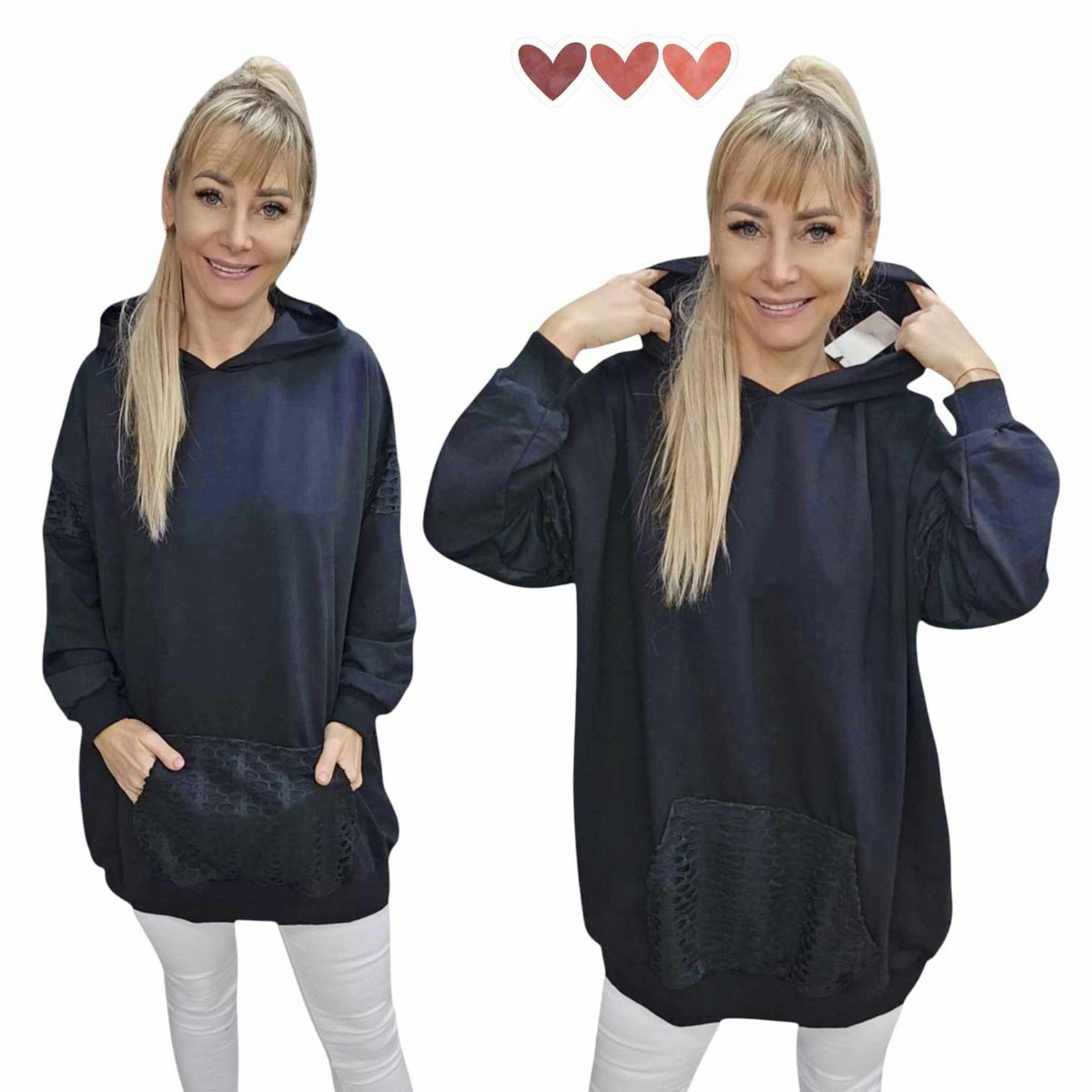 BLUZA DAMSKA KANGUREK DRESOWA kaptur na co dzień granat 54 56 7XL 8XL 3167