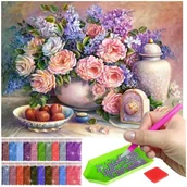 Malowanie po numerach - Haft Diamentowy ARTULIO, Obraz DIY 5D, Diamond Painting, Mozaika diamentowa 30x40cm (Rustykalny stół z kwiatami w wazonie) + zestaw akcesoriów - miniaturka - grafika 1