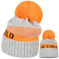 Czapki damskie - Czapka Damska Kobieca So Cold We Wzór Z Pomponem Szary Pomarańczowy - miniaturka - grafika 1