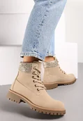 Botki damskie - Beżowe Botki Traperki na Płaskiej Podeszwie z Przeszyciami i Cyrkoniami Flurella - miniaturka - grafika 1