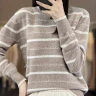 Swetry damskie - TEMU Elegancka Bluzka Sweterowa Damska w Paski z Okrągłym Dekoltem - Miękka, Regularna Długość, Sweter z Paskami i Kolorowymi Wstawkami, Średnio - miniaturka - grafika 1