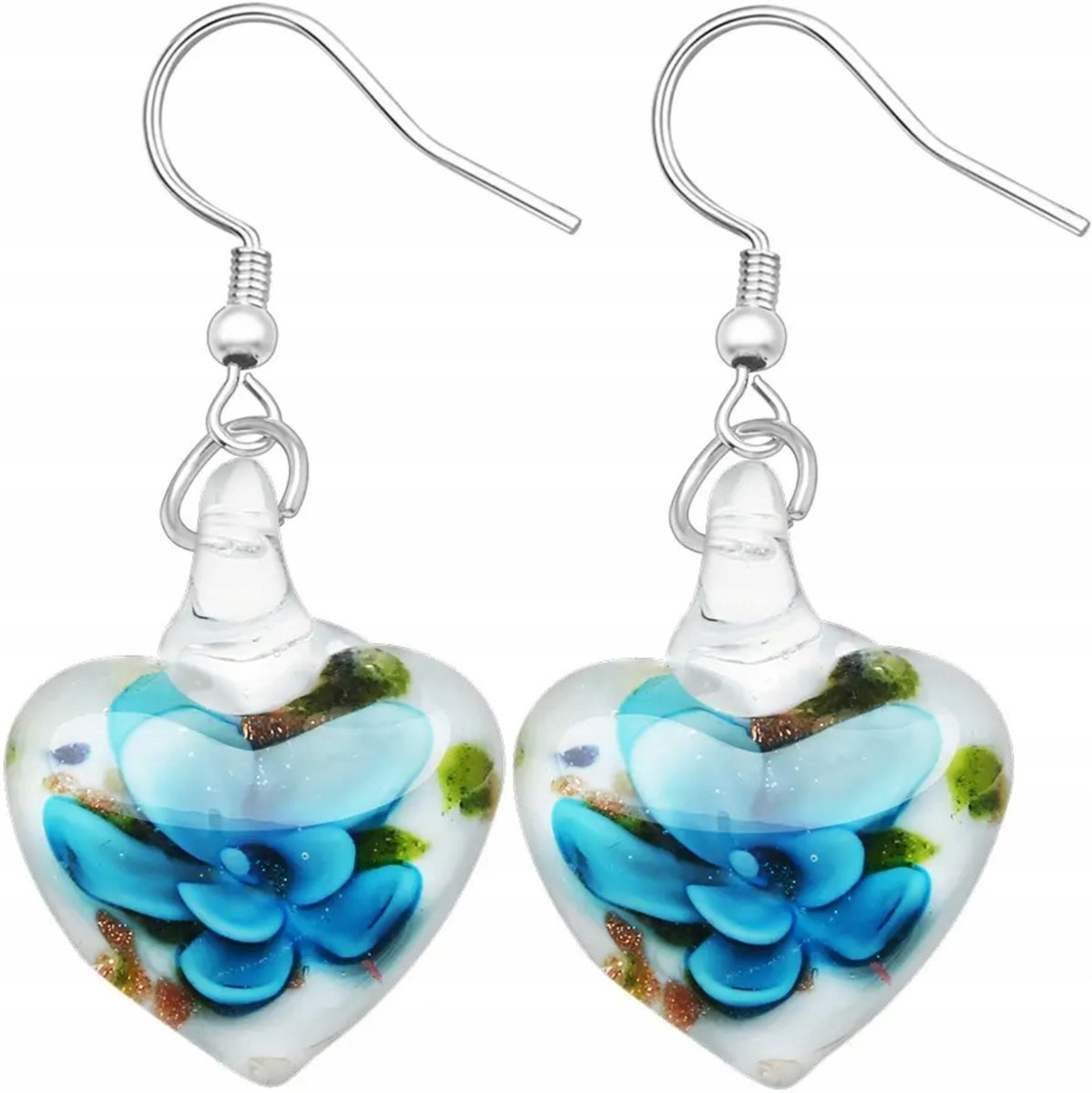 Kolczyki Serca Szklane Niebieskie Kwiaty Modne Stylowe Eleganckie Sztyft