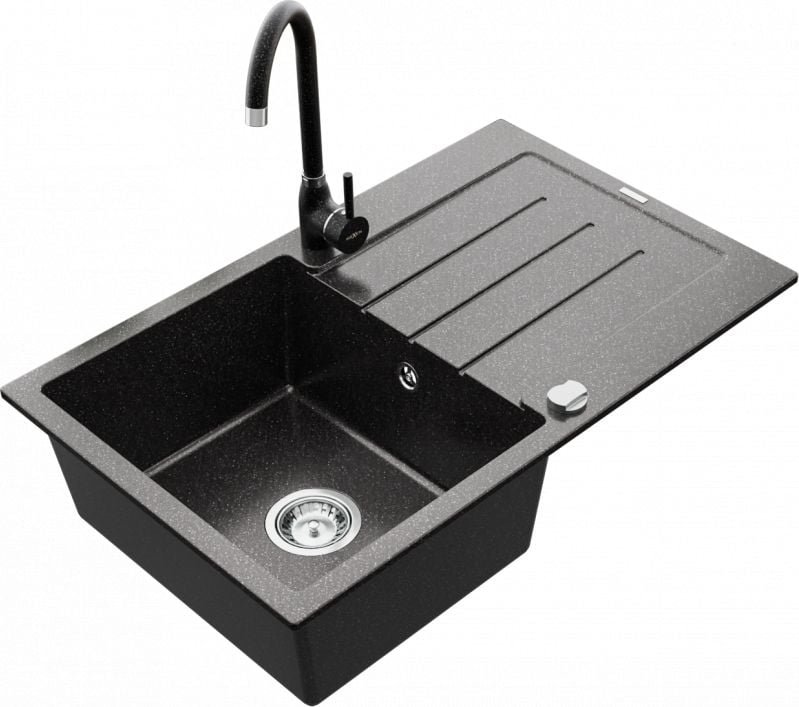 Mexen Zlewozmywak  Bruno granitowy 1-komorowy z ociekaczem i baterią kuchenną Telma, czarny nakrapiany - 6513-76-670200-76