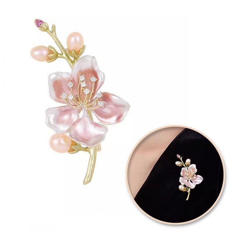 Broszka ozdobna delikatna, kwiat wiśni z kryształkami i perłami BZ204
