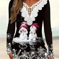 Bluzki damskie - TEMU Elegancka Damska Tunika z Długim Rękawem w Świąteczne Wzory Płatków i Bałwanków – Czerwono-Biała Stylizacja na Zimowe Przyjęcia, Falbankowy - miniaturka - grafika 1