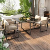 Stoły ogrodowe - Metalowy stół ogrodowy i 4 krzesła - szklany blat - beżowy + czarny - miniaturka - grafika 1