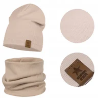 Czapki damskie - CZAPKA KOMIN KOMPLET DWUWARSTWOWY PRZEJŚCIOWY BAWEŁNA PRĄŻEK BEŻOWY 54-58 - miniaturka - grafika 1