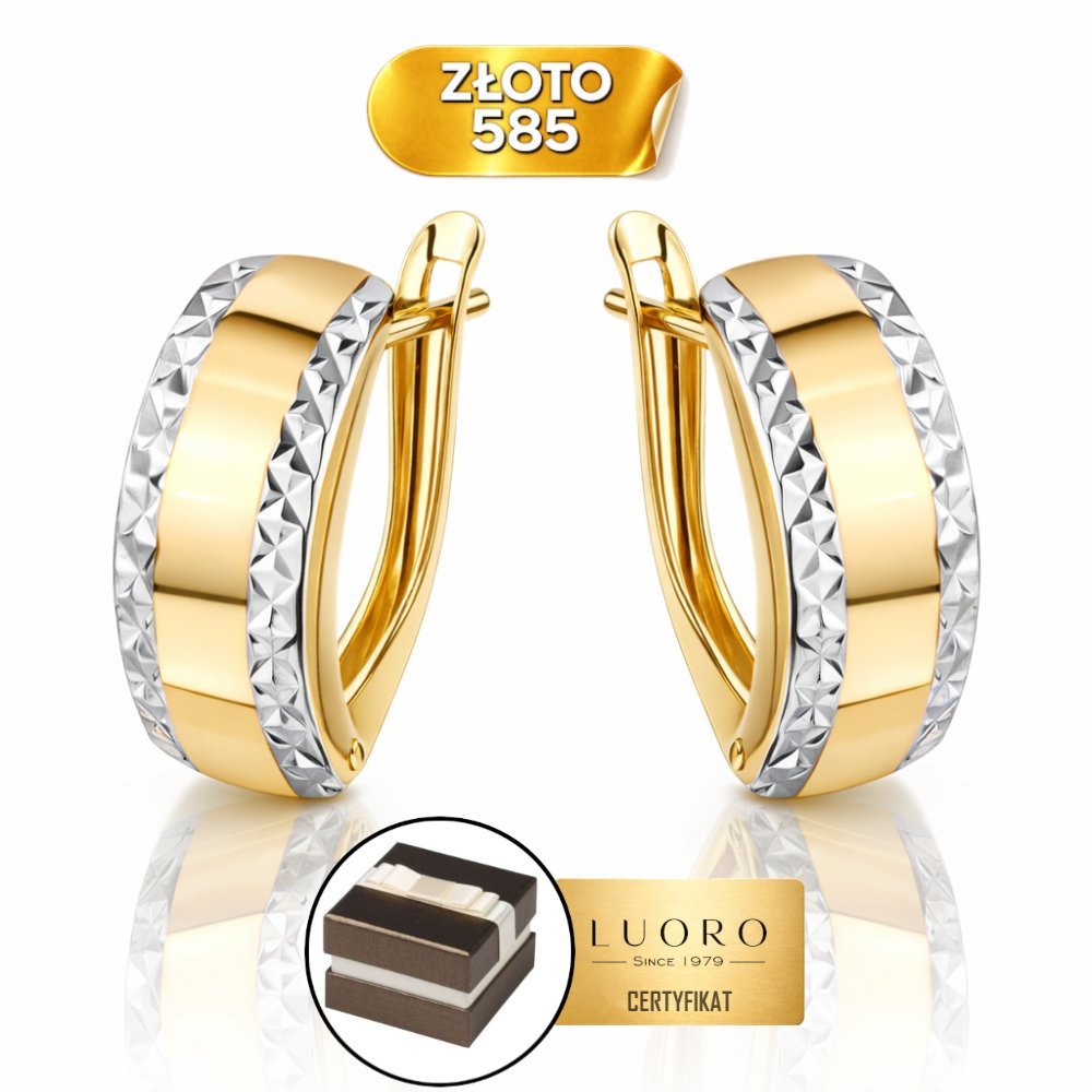 KOLCZYKI ZŁOTE 585 14K DWA KOLORY ZŁOTA DIAMENTOWANE PROSTOKĄT 1,5 CM