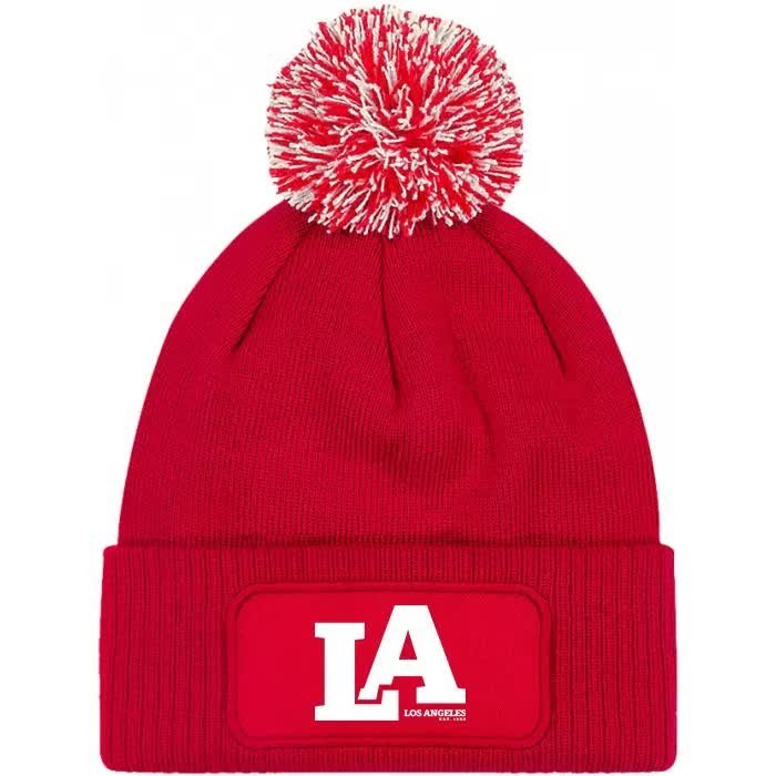Czapka Czerwona z Pomponem LA LOS ANGELES Zimowa Na Prezent Wzory