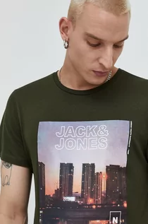 Koszulki męskie - Jack & Jones t-shirt bawełniany kolor zielony z nadrukiem - grafika 1