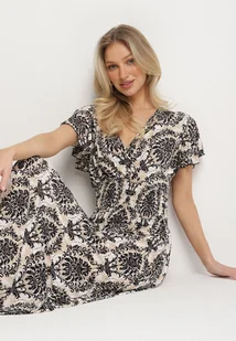 Czarna Sukienka w Etno Wzór z Falbankami i Gumką w Pasie Ellivira - Sukienki - miniaturka - grafika 1