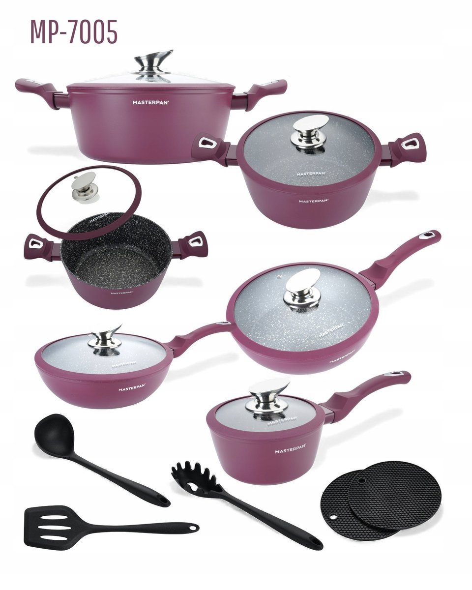 KOMPLET GARNKÓW MARMURKOWYCH 15EL. POWŁOKA GRANITOWA INDUKCJA GAZ BURGUND