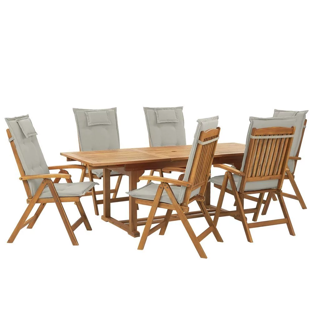 Shumee Zestaw ogrodowy drewniany stół i 6 krzeseł z poduszkami beżowoszarymi JAVA 261787