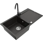 Zlewozmywaki z baterią - Mexen Leo zlewozmywak granitowy 1-komorowy z ociekaczem i baterią kuchenną Telma, czarny/złoty metalik - miniaturka - grafika 1