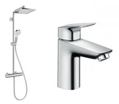 Słuchawki prysznicowe - Hansgrohe 27271000+71100000 Komplet prysznicowy Crometta E 240 1jet oraz LOGIS bateria umywalkowa z korkiem automatycznym - miniaturka - grafika 1